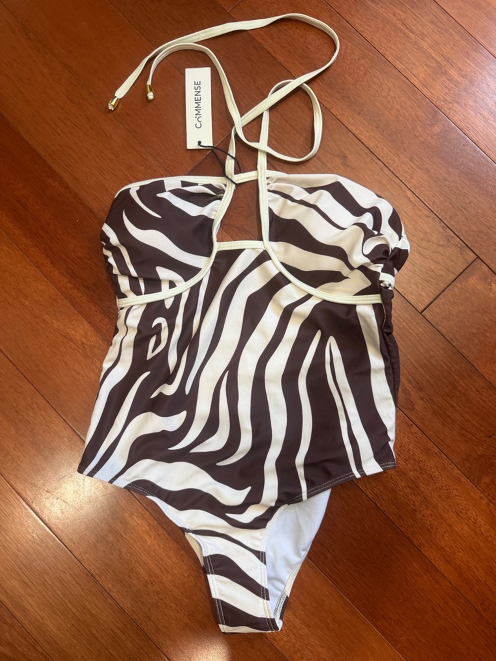 Commense Zebra-Print Halter One-Piece in Brown and Cream